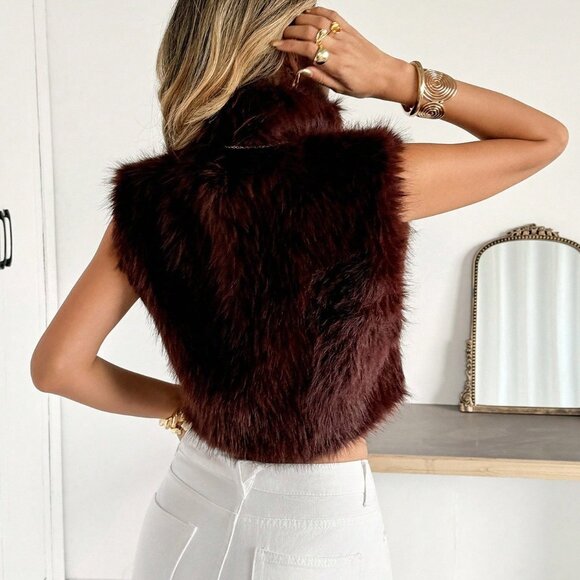 Brown Preppy Women's Faux Fur Turtleneck Cropped Vest Top - Picture 2 of 8